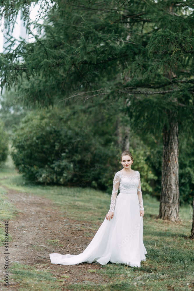 Elegant ceremony in European style. Beautiful bride in white flying dress in the forest. Elegant ceremony in European style. Beautiful bride in white flying dress in the forest.