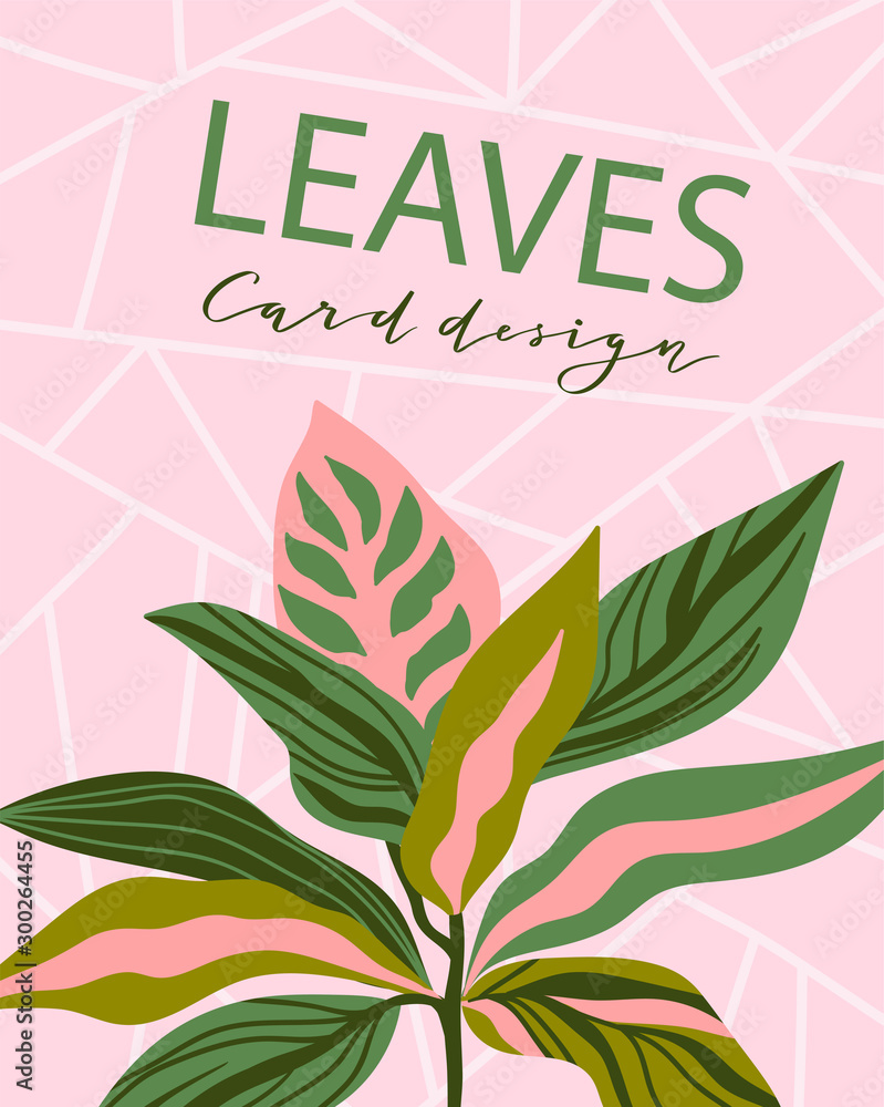 Universal trend poster with bright tropical leaves foliage on the geometric pink background. Cards in restrained sustained tempered style. Magazine, leaflet, billboard, sale