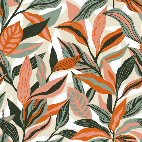 Tropical leaves hand drawn seamless pattern. Botanical trendy design in orange and green colors. Vector repeating design for fabric, wallpaper or wrap papers.