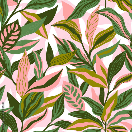 Tropical leaves hand drawn seamless pattern. Botanical trendy design in pink and green colors. Vector repeating design for fabric, wallpaper or wrap papers.