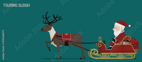 Santa Claus is driving touring sleigh with many accessories for log way traveling.