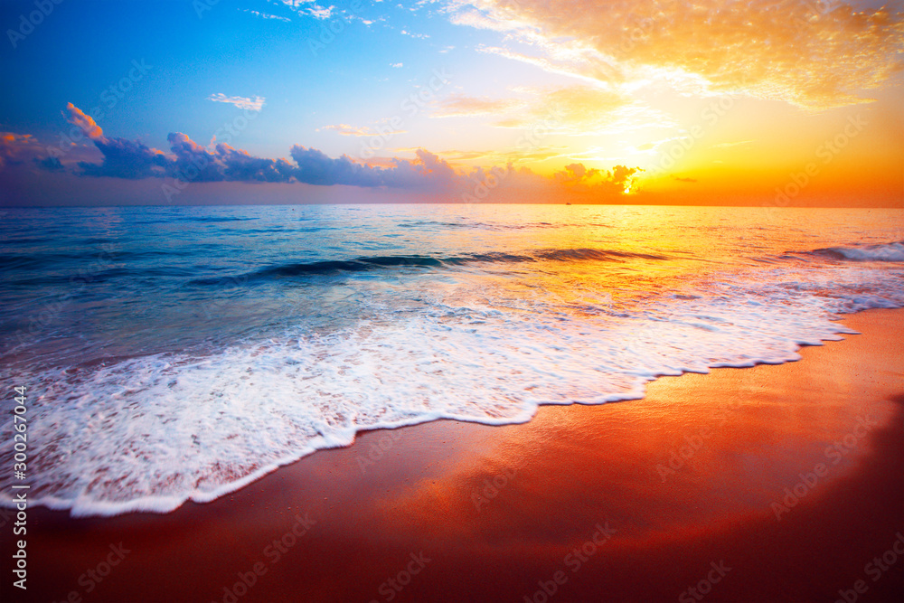 beautiful tropical sunset and sea - obrazy, fototapety, plakaty 