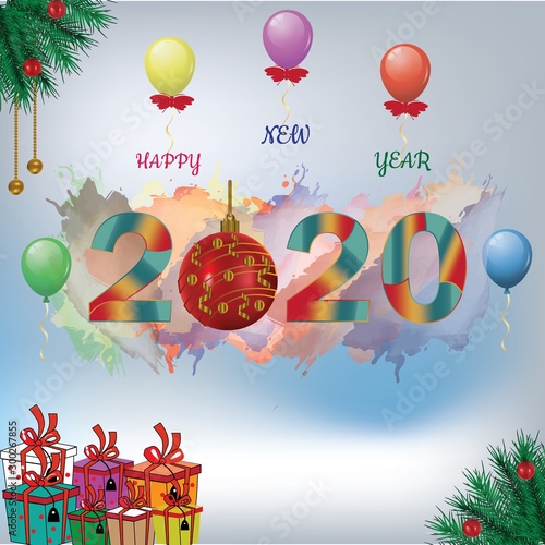 Happy New Year 2020  template, Xmas with water color background,gifts and balloons .  Luxury cards invitations party for the New Year 2020 photo