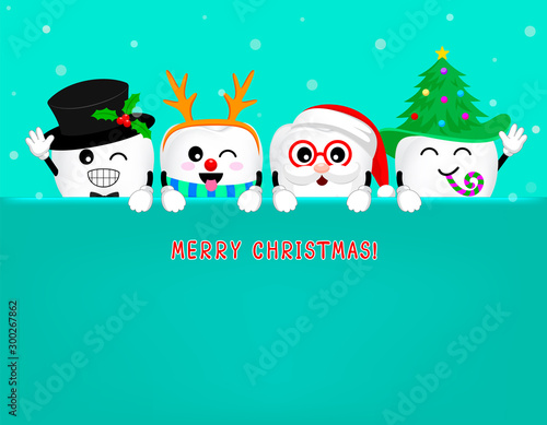 Cute cartoon Christmas tooth holding blank advertisement banner background with copy space. Santa Claus, Snowman, Reindeer and Christmas tree. Christmas theme concept. Illustration.