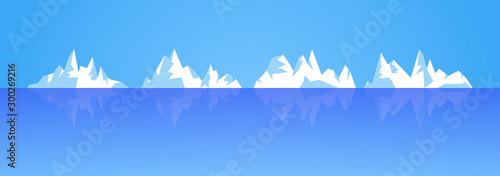 Set of ice mountain and iceberg illustration. Rocky snowy mountains with ocean water reflection, different types snd forms. Winter weather.