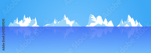 Set of ice mountain and iceberg illustration. Rocky snowy mountains with ocean water reflection, different types snd forms. Winter weather.