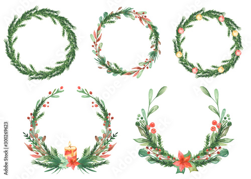 Fototapeta Naklejka Na Ścianę i Meble -  Watercolor Christmas card with wreaths of spruce branches, berries, pine, holly