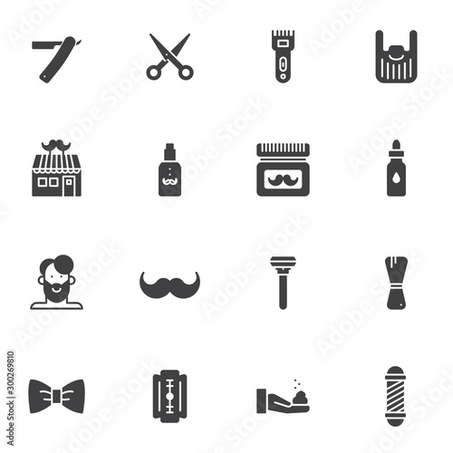 Barber shop vector icons set, modern solid symbol collection filled style pictogram pack. Signs logo illustration. Set includes icons as razor, scissors, moustache balsam, shaving machine, hairdresser