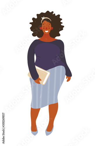 Body positive woman portrait. Portrait of a full length African American woman, plus size woman. Happy business woman, cute student. Flat design hand drawn icon. Stock vector illustration