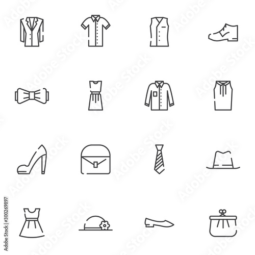 Women's clothing line icons set. linear style symbols collection, outline signs pack. vector graphics. Set includes icons as dress, skirt, retro hat, shoes, jacket, ladies handbag, necktie, purse