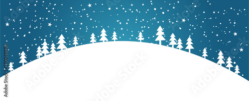 White silhouettes of snowy Christmas trees against a blue winter sky. Banner with a simple applique. Hill with trees, stars in the sky. New Year and Christmas background with space for text.
