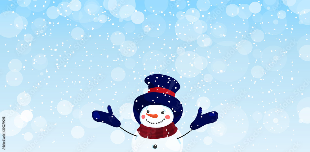 Cute snowman in cartoon design on a sparkling snowy winter background. Christmas and New Year banner 
