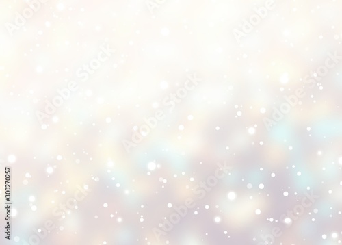 Snow defocused texture. Light winter soft illustration. Faint pastel blurred background. White beige blue flares pattern. Delicate flares Xmas backdrop. Festive wonderful decoration.