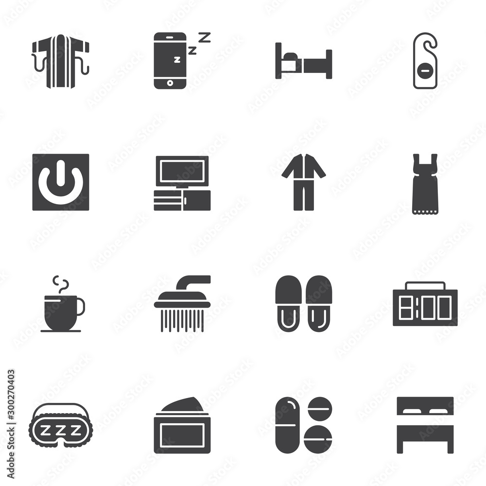 Bedtime vector icons set, modern solid symbol collection, filled style pictogram pack. Signs, logo illustration. Set includes icons as sleepwear pajamas, alarm clock, sleeping pills, shower, slippers Bedtime vector icons set, modern solid symbol collection, filled style pictogram pack. Signs, logo illustration. Set includes icons as sleepwear pajamas, alarm clock, sleeping pills, shower, slippers
