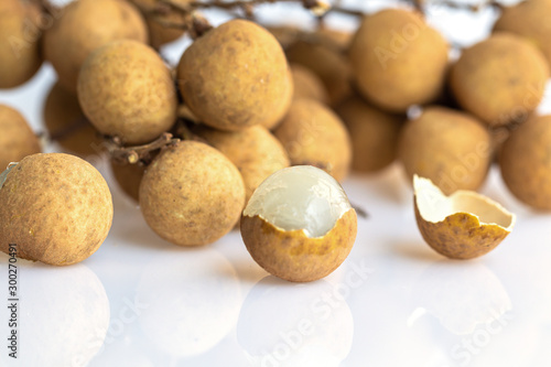 Close up fresh Longan fruit isolated on white background. Dimocarpus longan 