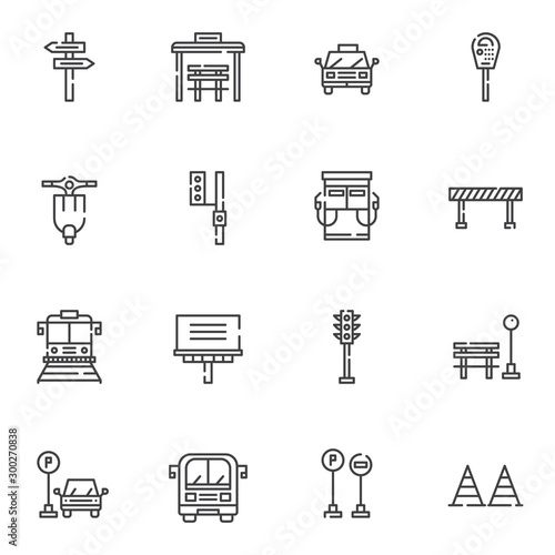 Urban transportation line icons set. linear style symbols collection outline signs pack. vector graphics. Set includes icons as taxi car, traffic light, parking meter, gas station, bus, tram, bus stop