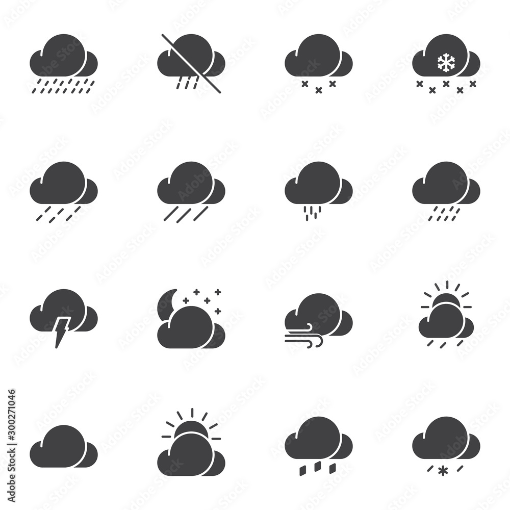 Weather clouds vector icons set, modern solid symbol collection, filled style pictogram pack. Signs, logo illustration. Set includes icons as cloudy weather, rain, shower, wind, thunderstorm, snow Weather clouds vector icons set, modern solid symbol collection, filled style pictogram pack. Signs, logo illustration. Set includes icons as cloudy weather, rain, shower, wind, thunderstorm, snow