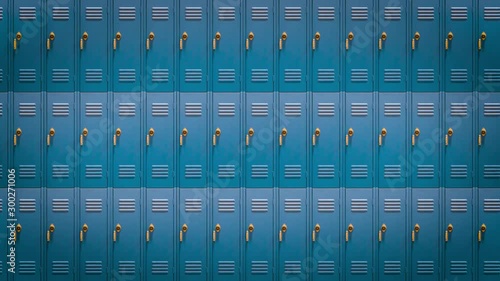 Blue High School Lockers Stacked, Pan Right