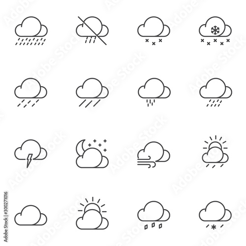 Weather clouds line icons set. linear style symbols collection, outline signs pack. vector graphics. Set includes icons as cloudy weather, rain, shower, wind, thunderstorm, snow, night moon, sunny day