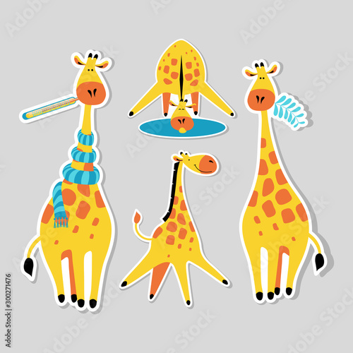 Stickers with cute cartoon giraffes. Funny african animals in different situations. Flat vector illustration.