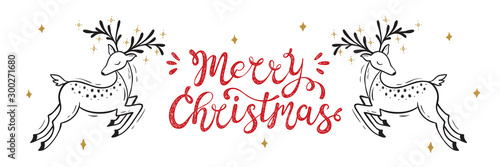 Merry Christmas greeting card. Happy Holidays. Vector winter holiday background with hand lettering calligraphic and Christmas reindeer. Deer