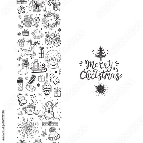 Merry Christmas seamless pattern vertical border. Xmas greeting Card Template. Happy Winter Holidays poster. New year. Vector Christmas Holiday banner