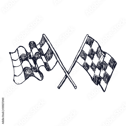 Two Checker Race Flags Crossed, doodle style, sketch illustration, hand drawn Vector