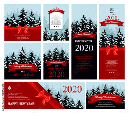 Set of square, horizontal and vertical Christmas and New Year greeting carcs in retro style with Christmas trees and lettering. Place for text. Vector illustration with hand drawn elements.