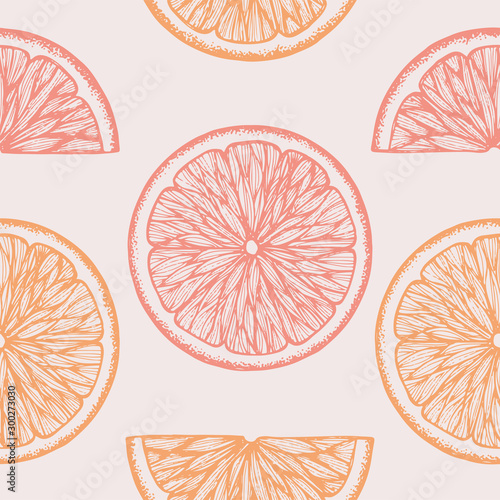 Hand drawn orange seamless pattern. Vintage vector background with orange slices 