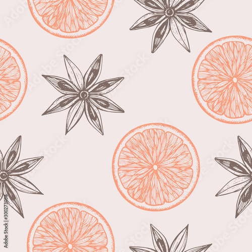 Hand drawn winter food seamless pattern. Vintage vector background with orange slices and anise