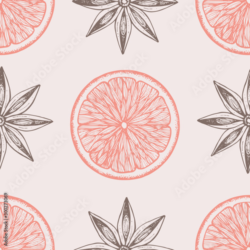 Hand drawn winter food seamless pattern. Vintage vector background with orange slices and anise