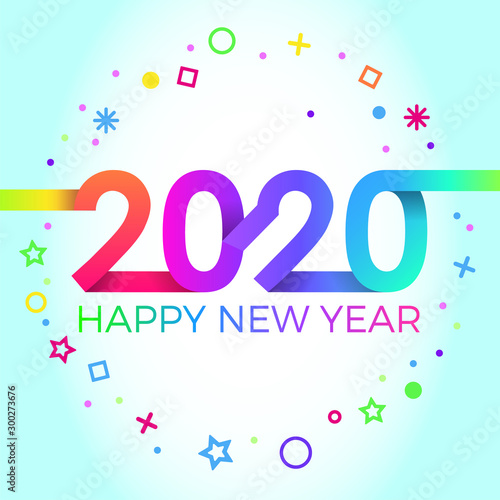 2020 Happy New Year. Paper Memphis geometric bright style for holidays flyers, greetings, invitations, Happy New Year or Merry Christmas cards. Holiday background, poster, banner. Vector Illustration.