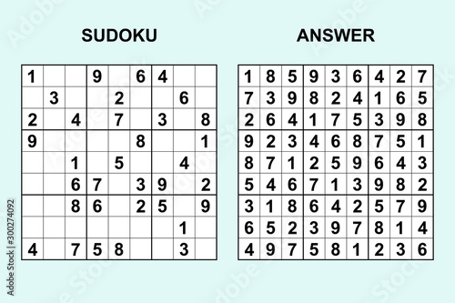Vector sudoku with answer 278. Puzzle game with numbers.
