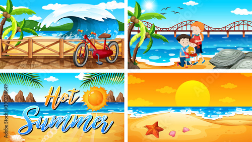 Four background scenes with family on the beach