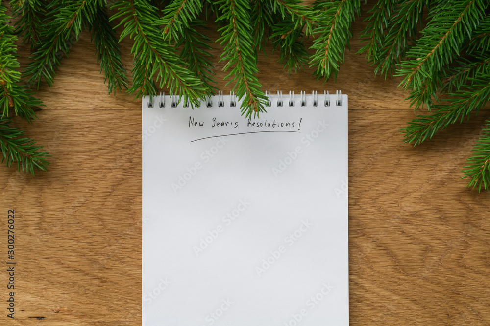 Flat lay new years resolutions notepad with spruce twigs on oak wood surface Flat lay new years resolutions notepad with spruce twigs on oak wood surface
