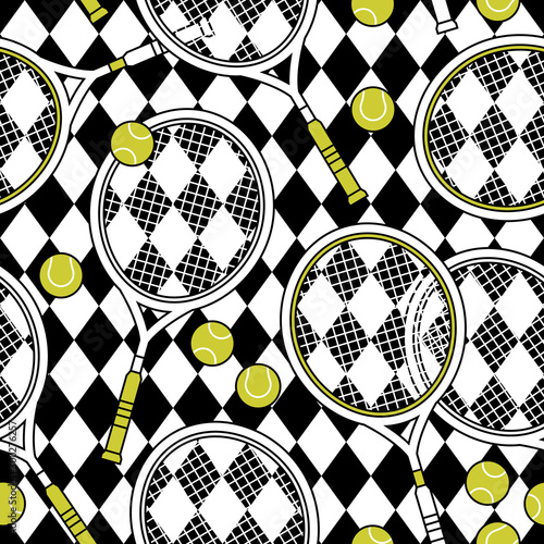 Seamless pattern of tennis racket with balls on checkered background.