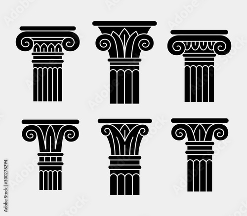 Set of six black ancient columns, orders, pillars.