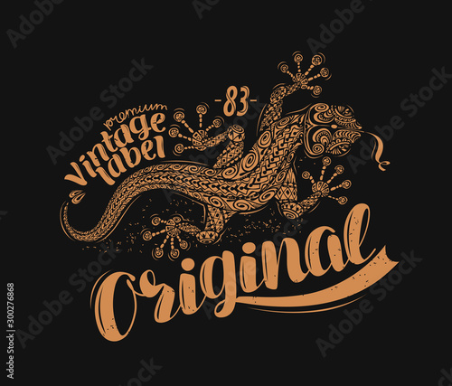 Lizard t-shirt design. Drawn animal vintage vector illustration