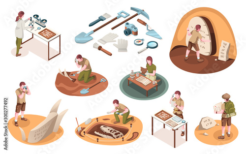 Set of isolated icons for archeology job and paleontology profession. Isometric signs with archeologist and paleontologist with dinosaur bones. Archaeologist tools, brush, shovel. Dig and excavation photo