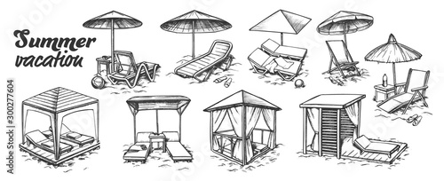 Summer Vacation Beach Furniture Set Retro Vector. Collection Of Different Comfortable Beach Chairs. Lounge And Resort Place Engraving Template Hand Drawn In Vintage Style Monochrome Illustrations