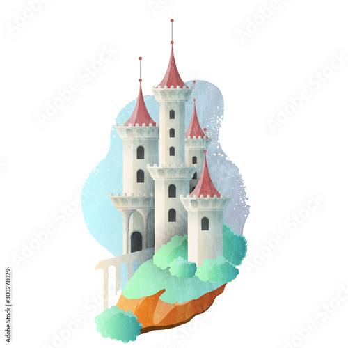 Fairy tale magic castle with high towers. Vector illustration