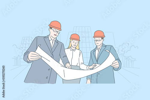 Industrial business, building construction draft checking concept. Plant performance improvement, architect teamwork, partnership, businesspeople making plan together. Simple flat vector