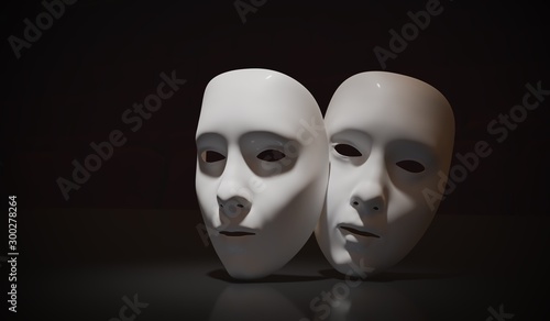Tela White theater masks on black background. 3D rendered illustratio