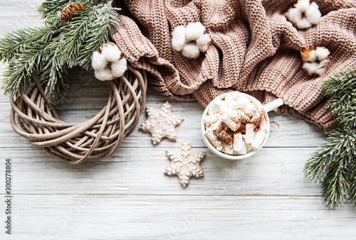 Fototapeta Naklejka Na Ścianę i Meble -  Christmas composition with cookies and hot chocolate