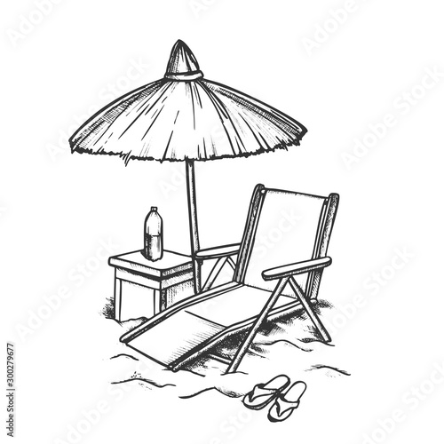Beach Chair With Straw Umbrella Monochrome Vector. Deck Chair, Parasol, Bottle Of Water On Stool And Sneakers. Engraving Concept Mockup Hand Drawn In Vintage Style Black And White Illustration