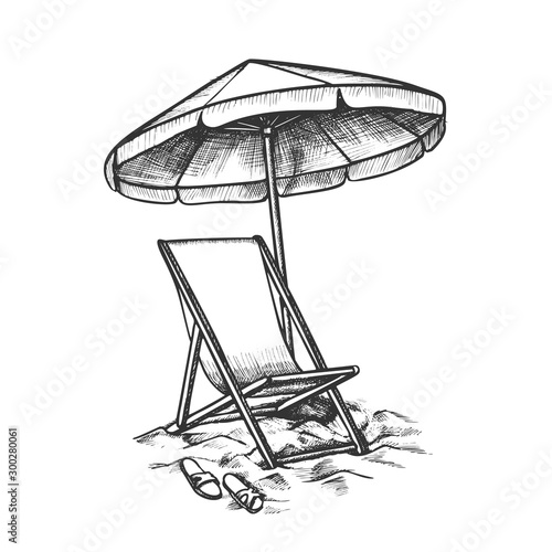 Deck Chair With Umbrella And Slippers Ink Vector. Relax Wooden And Fabric Chair, Parasol And Sneakers On Beach Sand. Coast Tool Engraving Template Designed In Retro Style Black And White Illustration