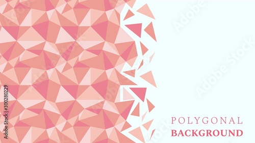 Abstract low poly geometric background with triangles in living coral colors and space for text. Mosaic texture. Vector illustration.