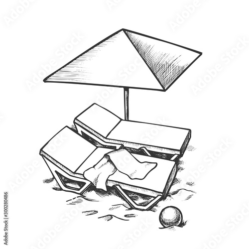 Two Beach Chair With Umbrella And Ball Ink Vector. Towel On Deck Chair And Parasol. Seascape Equipment Engraving Concept Template Hand Drawn In Vintage Style Black And White Illustration