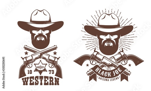 Cowboy bearded in hat with crossed guns retro logo. Wild west vintage emblem. Vector illustration.