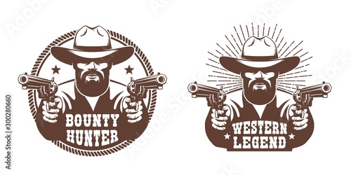 Western cowboy with beard and two guns - retro emblem. Wild west man with pistols. Vector illustration.